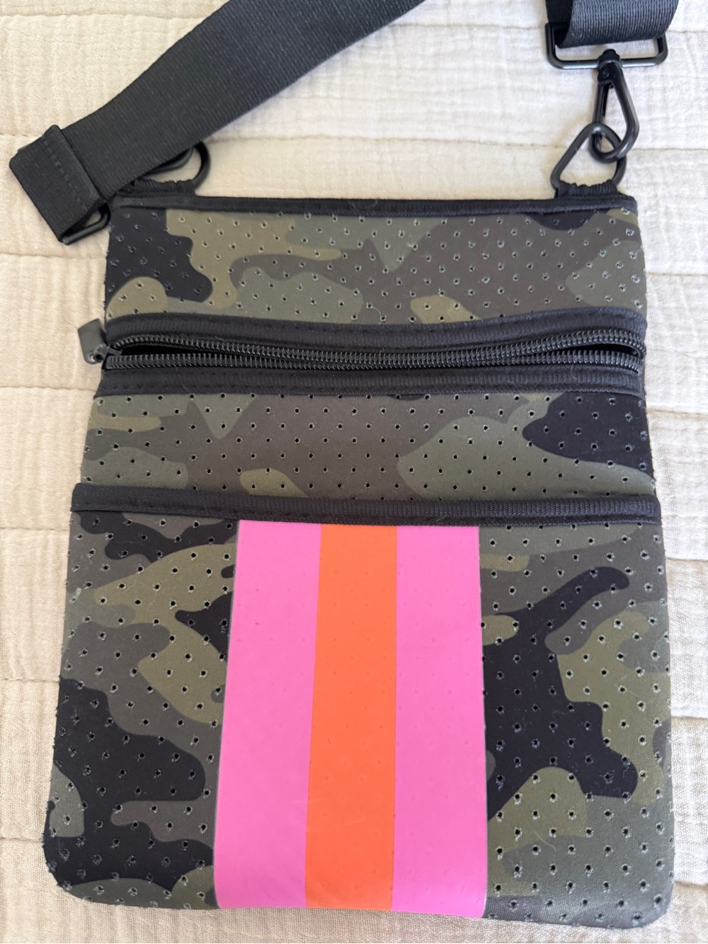 Crossbody Bag - Black Camouflage with Pink & Orange Stripe - Picture 2 of 3
